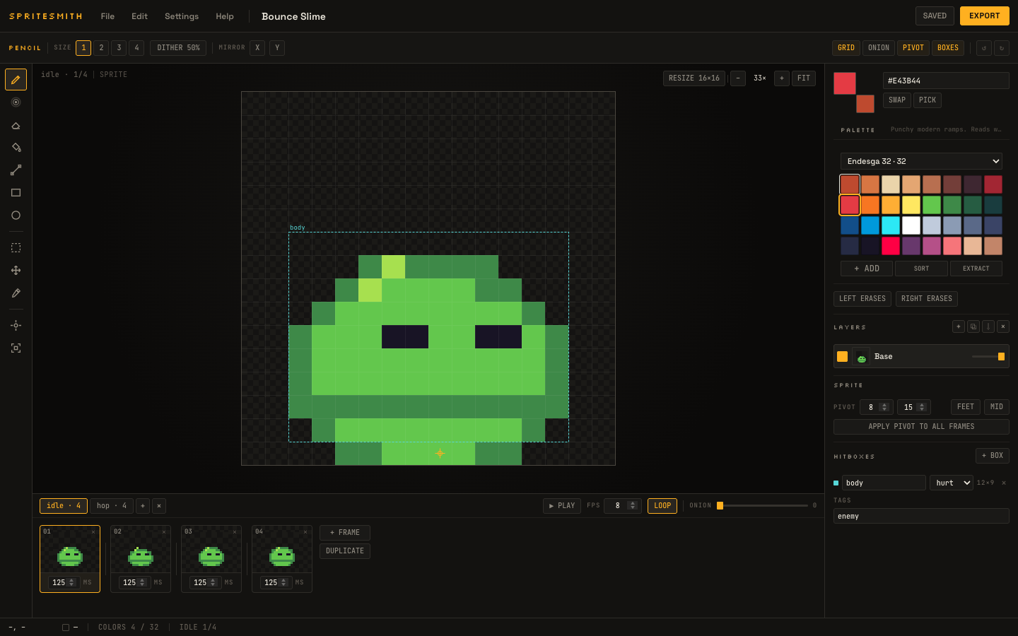 The Spritesmith editor: a 16×16 green slime on a checkerboard canvas, with the tool rail, palette, layers, hitbox and a four-frame timeline around it.