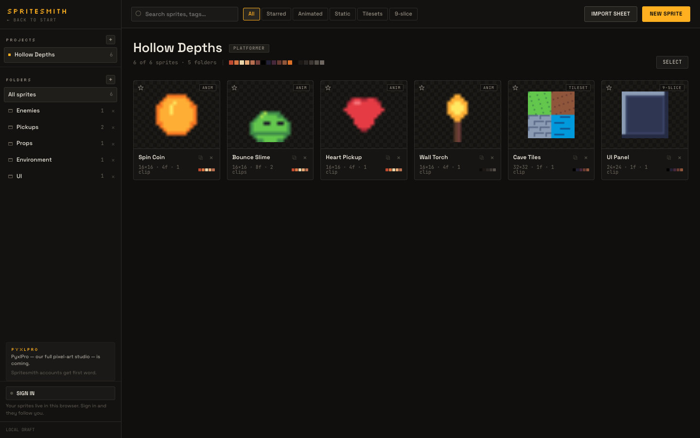 The Spritesmith library: six sprite cards — a spinning coin, a slime, a heart, a torch, a tileset and a nine-slice panel — with folders down the left.